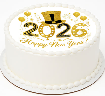 Custom Edible Cake Topper – Golden Top Hat New Year Design – Pre-cut 8" Round Icing Sheet – RA Pape