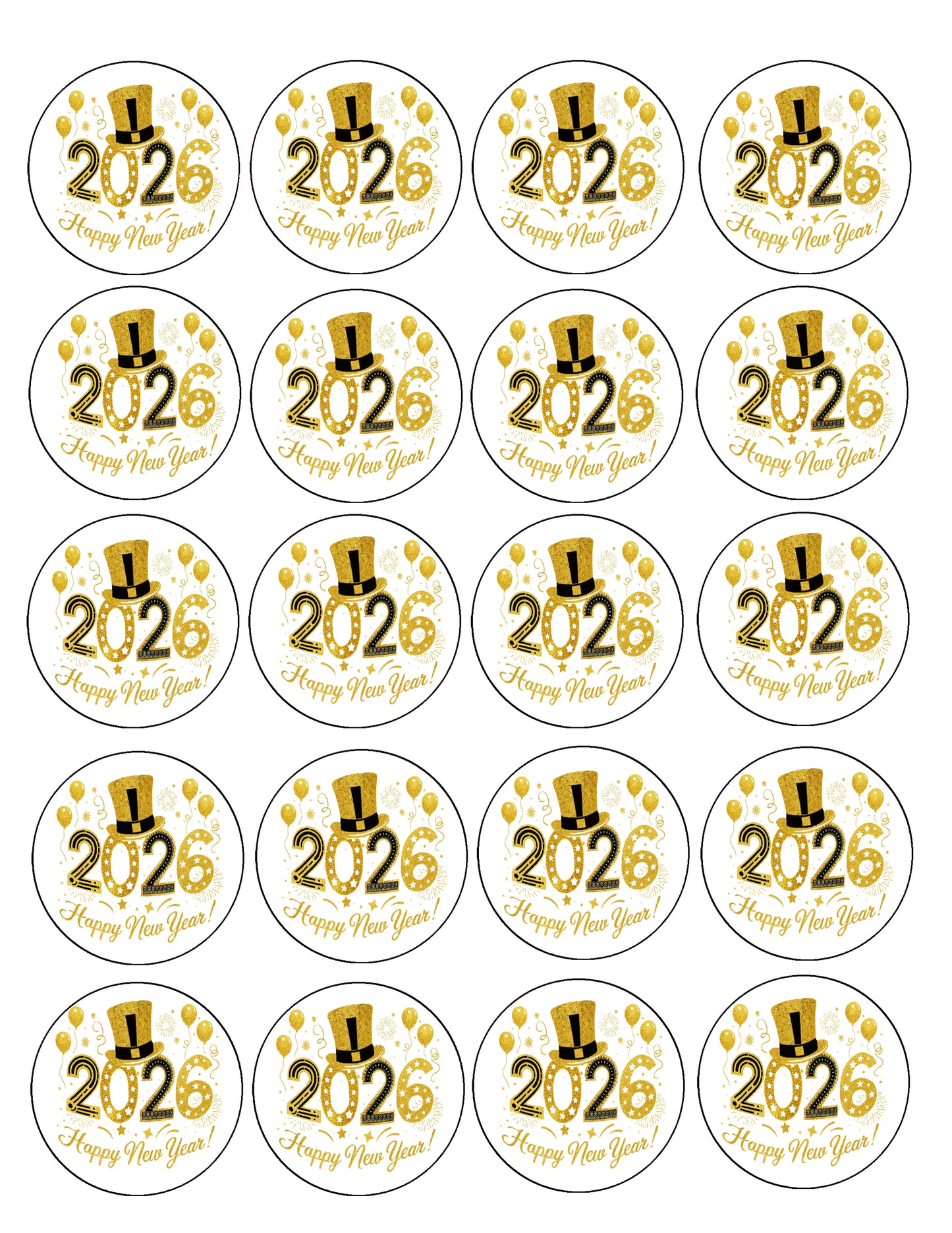 Sheet of Golden Top Hat New Year Edible Image Cookie & Cupcake Topper