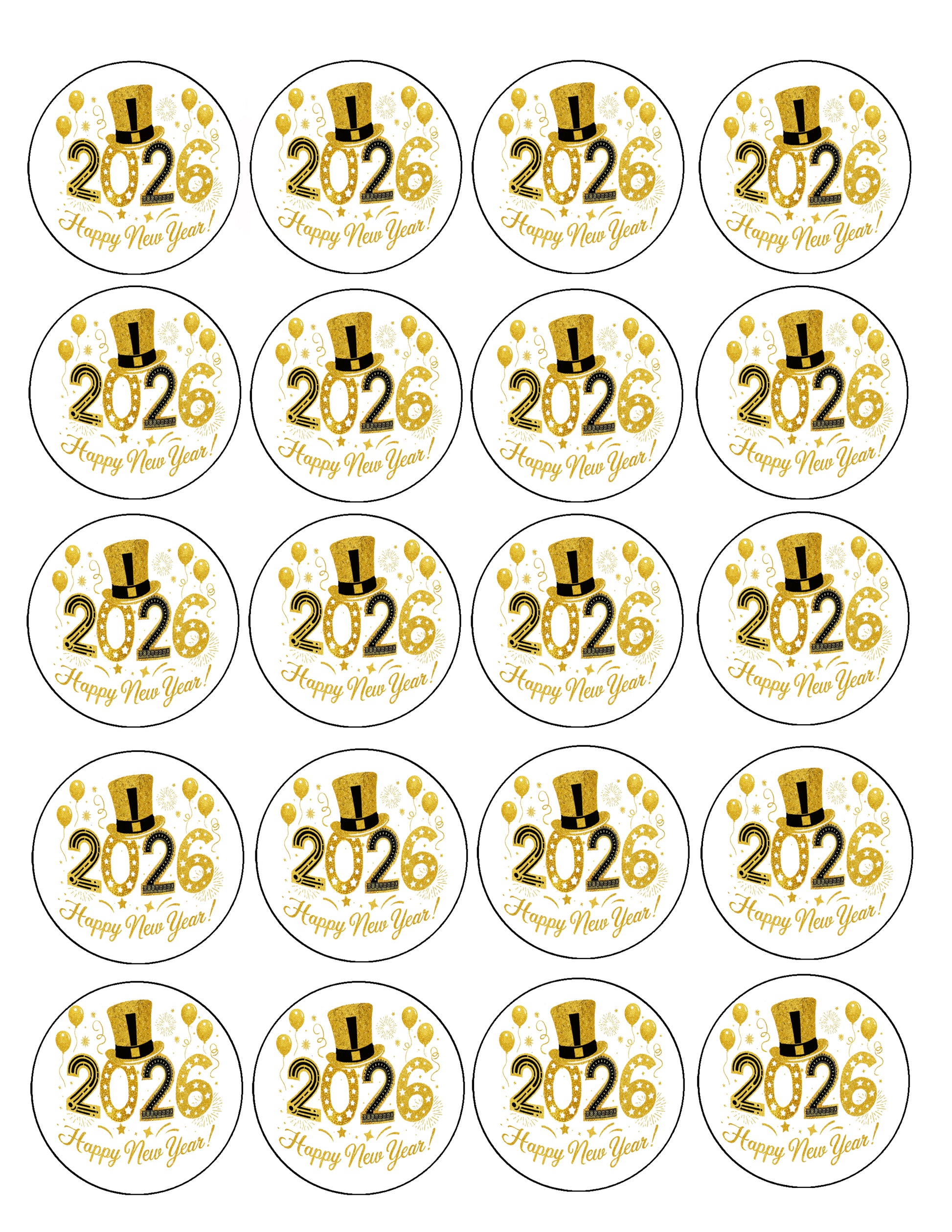 Sheet of Golden Top Hat New Year Edible Image Cookie & Cupcake Topper