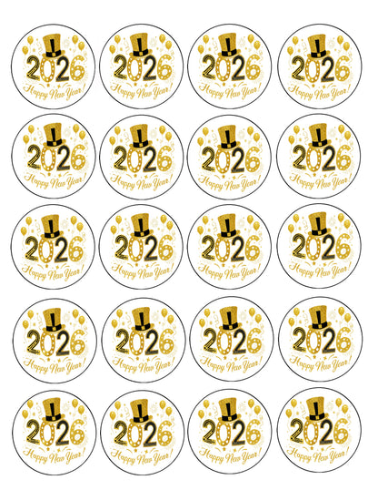 Sheet of Golden Top Hat New Year Edible Image Cookie & Cupcake Topper