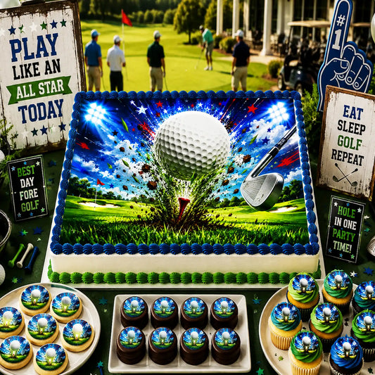 Golf Edible Icing Sheet Cake Topper, golf party display with sheet cake and cupcakes.