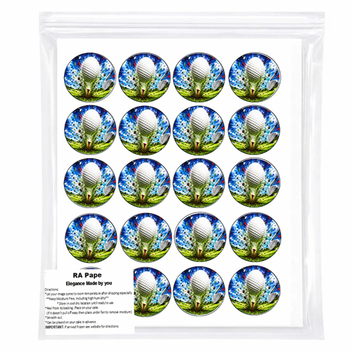 We send you 1 Shett of Golf Edible Image Cake Topper -  20 - 2" Precut Icing Sheet - RA Pape Sealed in it's own bag