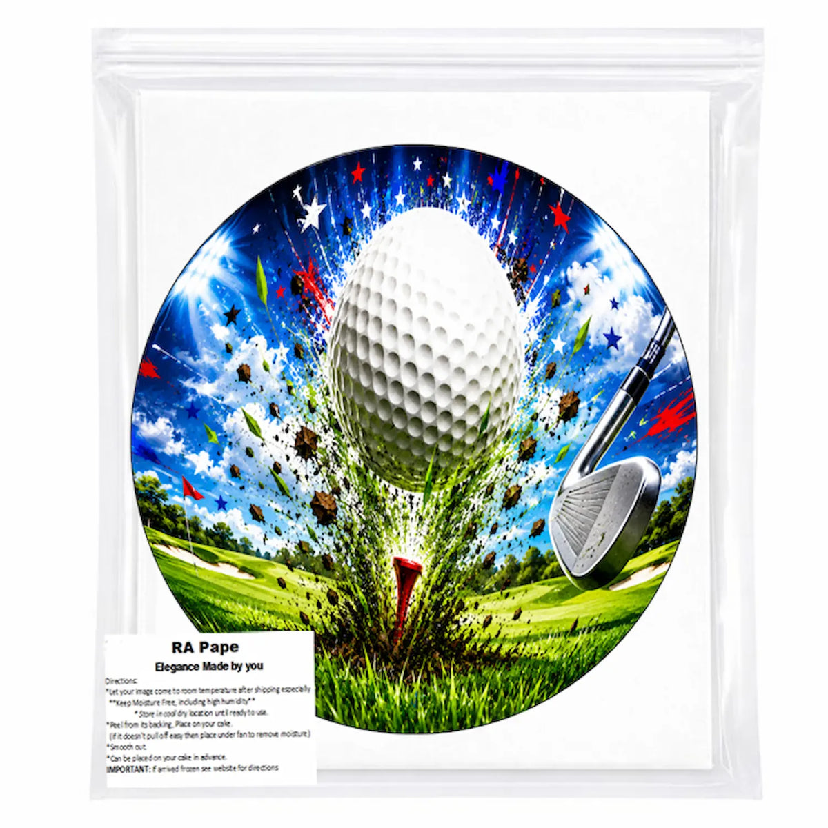 We send you 1 Golf Edible Image Cake Topper - 8" Precut Icing Sheet - RA Pape Sealed in it's own bag