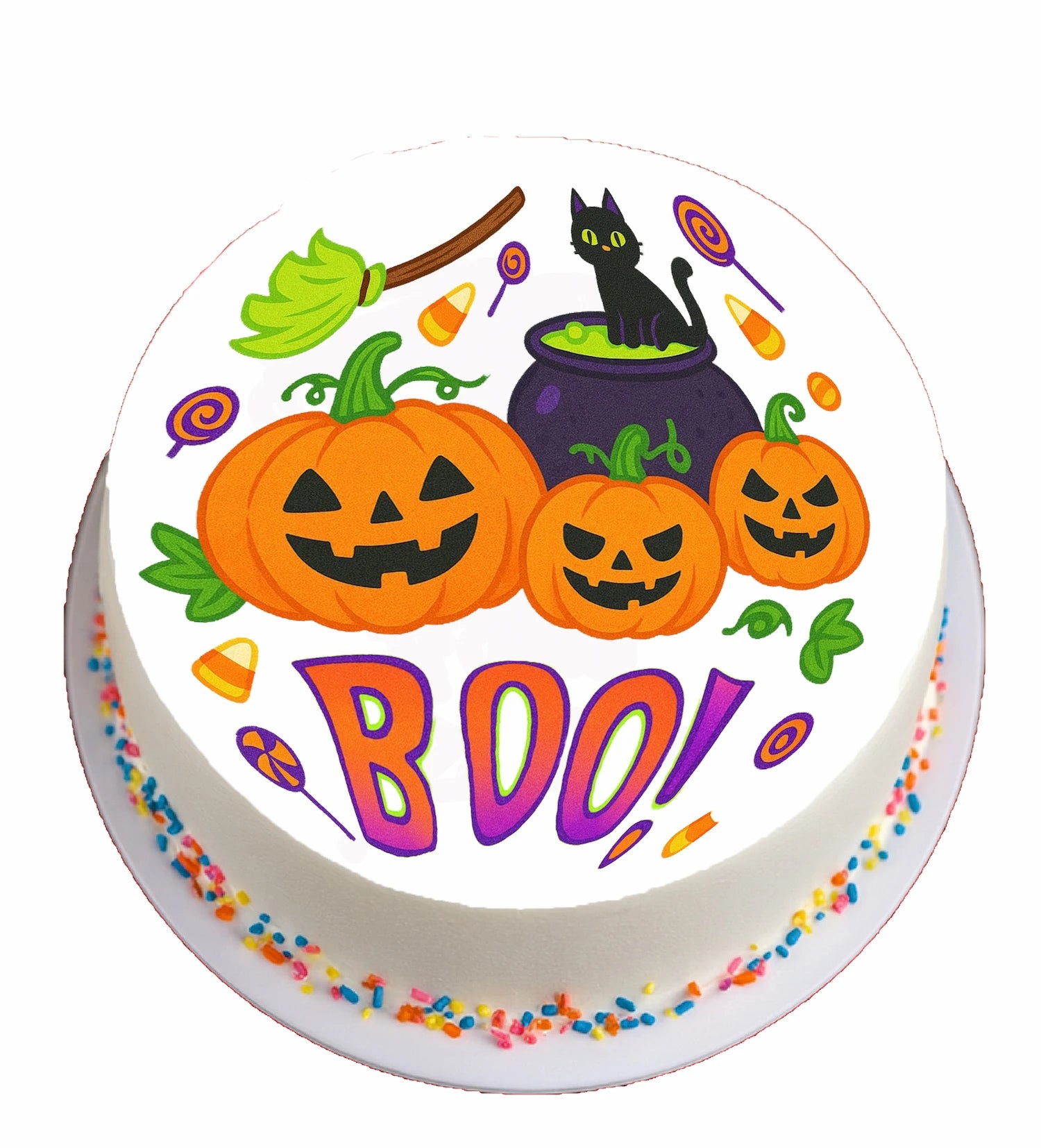 Halloween-themed cake topper with pumpkins, cauldron, and 'BOO!' text 