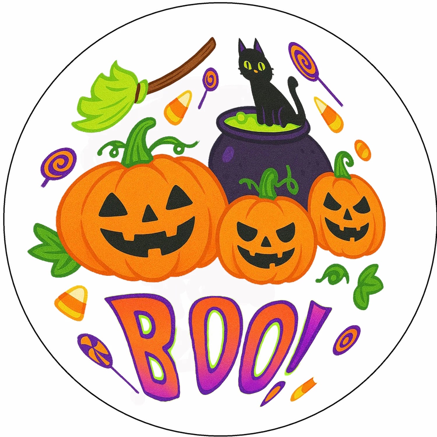 Halloween-themed design with pumpkins, a black cat, and candy