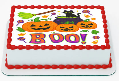 Custom Edible Cake Topper – Halloween Boo Design – 1/4 Sheet Cake (9x13) – Precut Icing Sheet – RA Pape