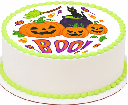 Halloween image with cat pumpkins witches broom andd witches caldren