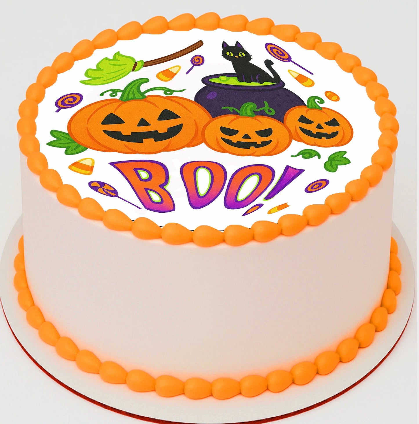 Custom Edible Cake Topper – Halloween Boo Design – Pre-cut 8" Round Icing Sheet – RA Pape