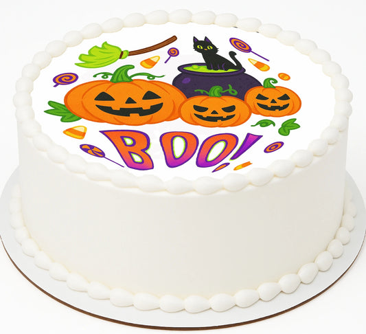 Edible Image with black cat and pumpkins with text 'boo'
