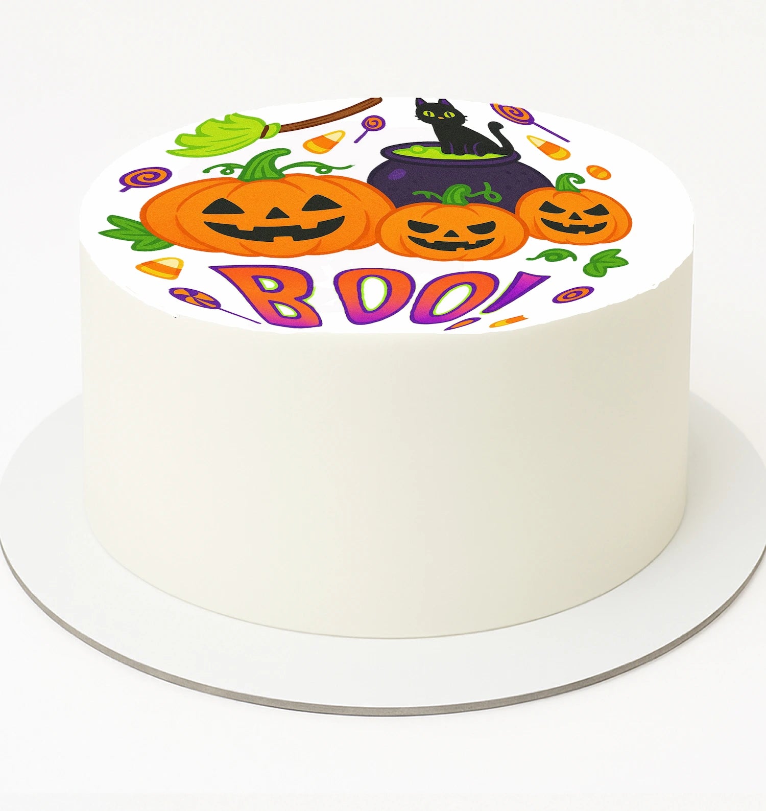 Edible Image for Cake with Boo text, with pumpkins and cat