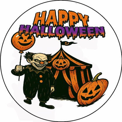 Halloween-themed illustration with a clown, pumpkins, and a tent, featuring the text 'Happy Halloween'.