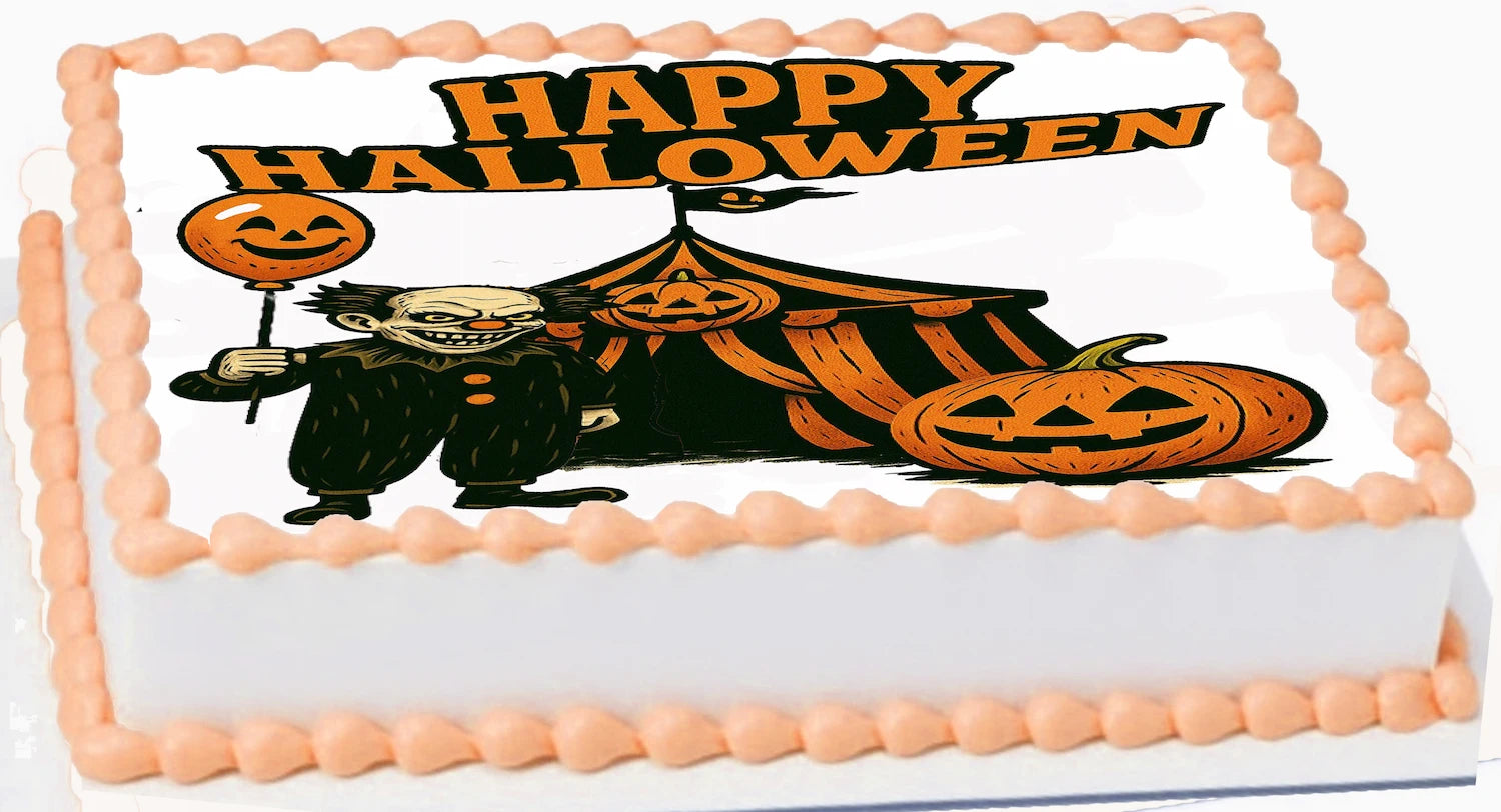 Halloween-themed edible image topper with a witch, pumpkin, and text on a white background