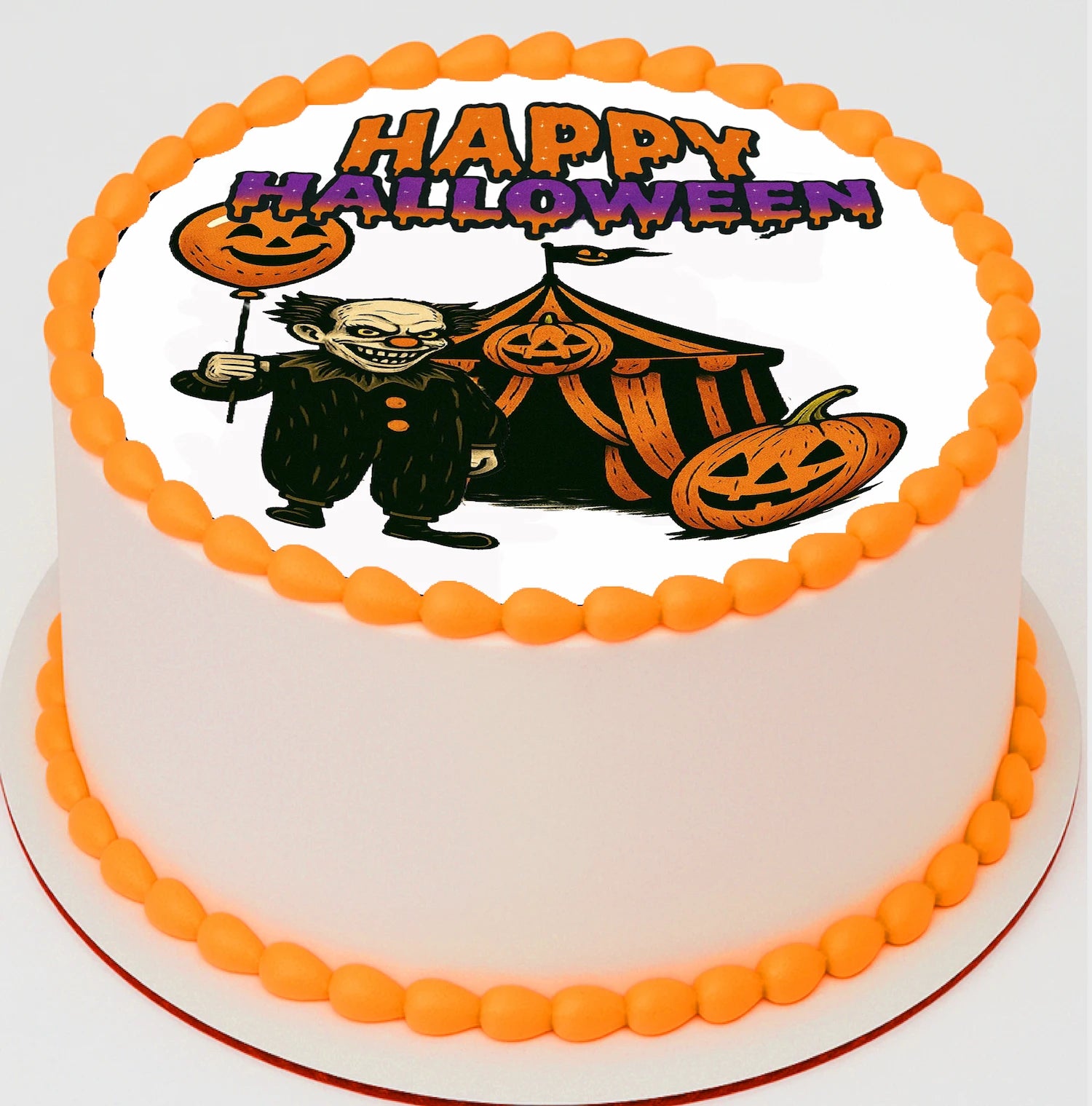 Halloween-themed cake with a witch and pumpkins design