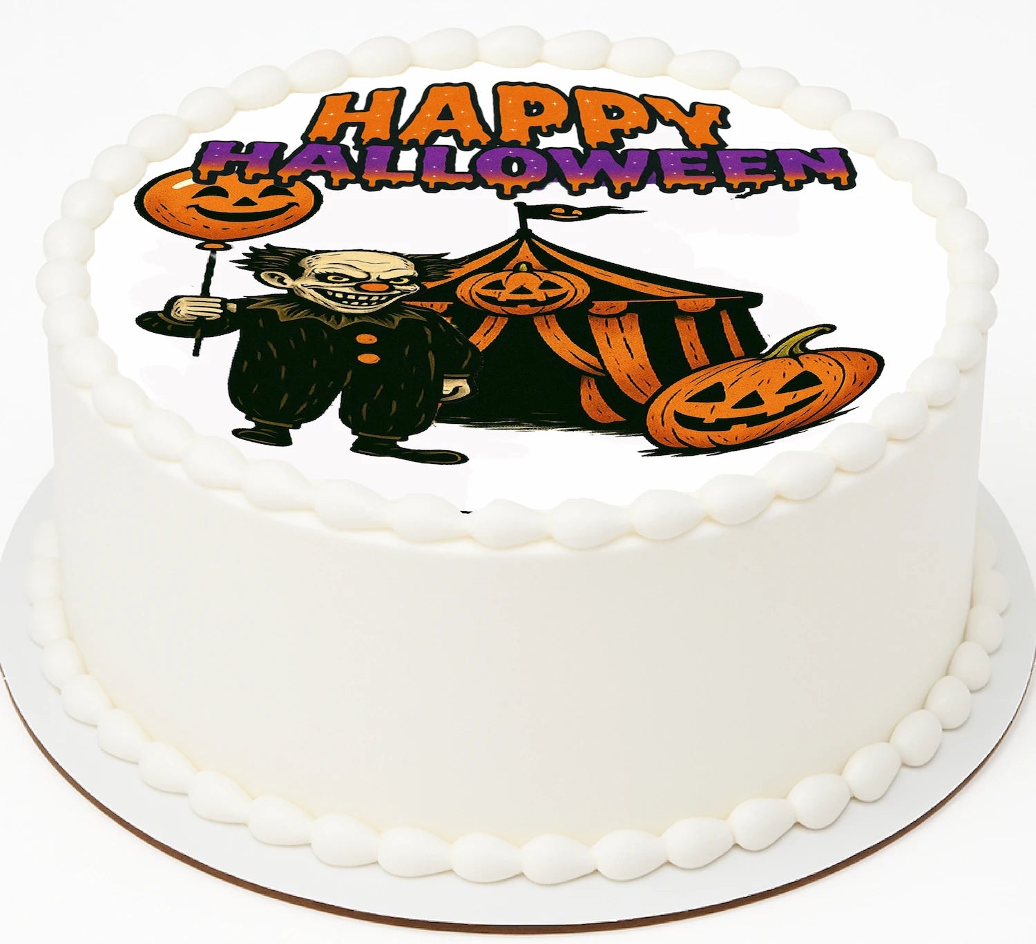 Halloween-themed cake with a cartoon character, pumpkins, and 'Happy Halloween' text.