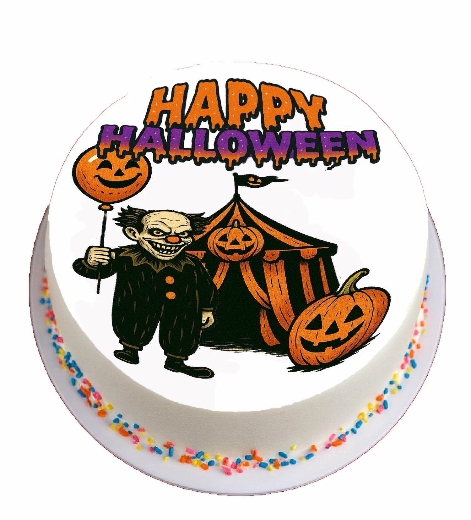 Halloween-themed cake with a witch, pumpkin, and 'Happy Halloween' text