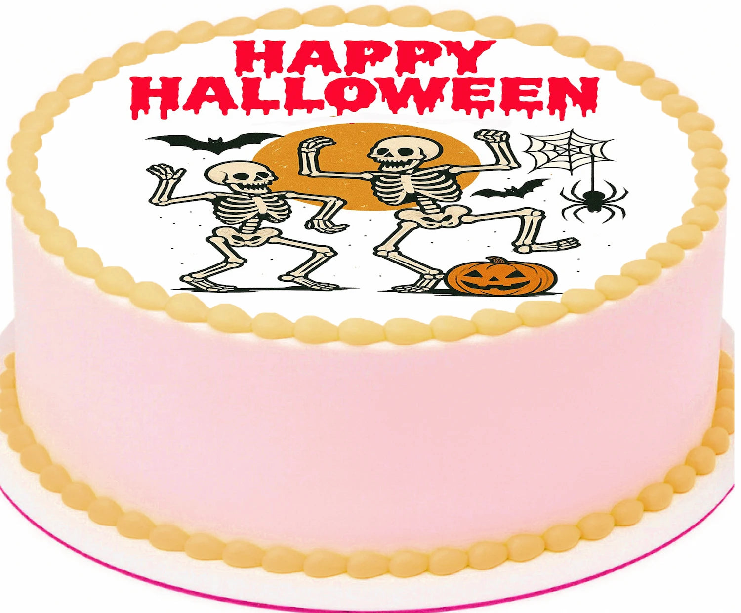 Halloween-themed cake with skeletons, pumpkins, and 'Happy Halloween' text.