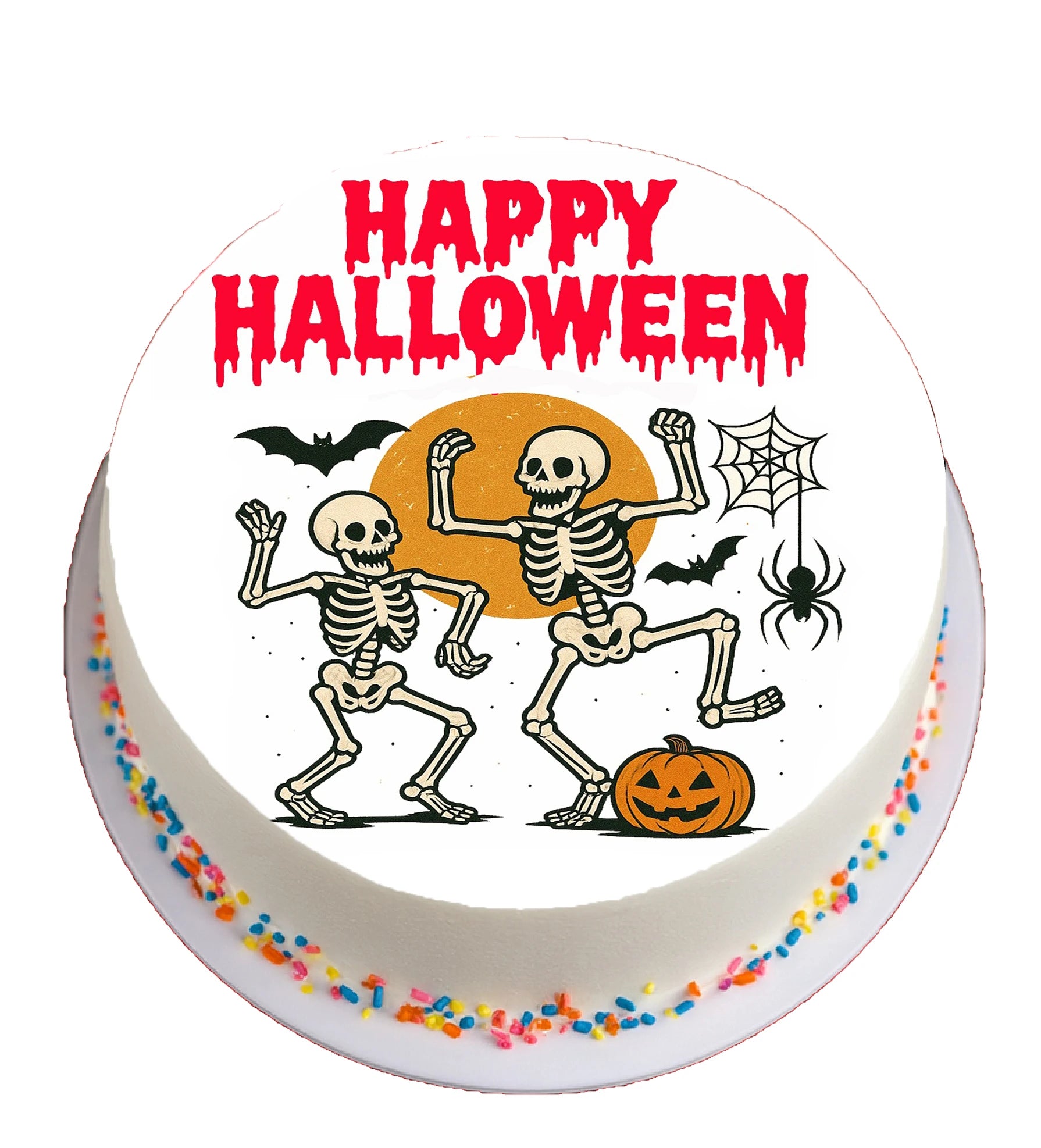 Halloween-themed cake topper with skeletons, pumpkins, and 'Happy Halloween' text.