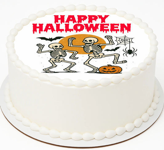 Custom Edible Cake Topper – Halloween Dancing Skeleton Design – Pre-cut 8" Round Icing Sheet – RA Pape