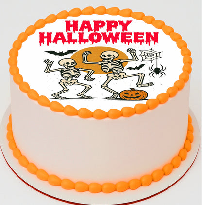 Halloween cake with skeletons, pumpkins, and 'Happy Halloween' text 