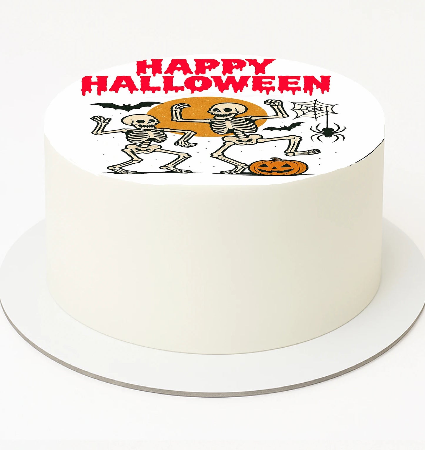 Halloween Dancing Skeleton Image Cake Topperthemed cake with skeletons and pumpkins.