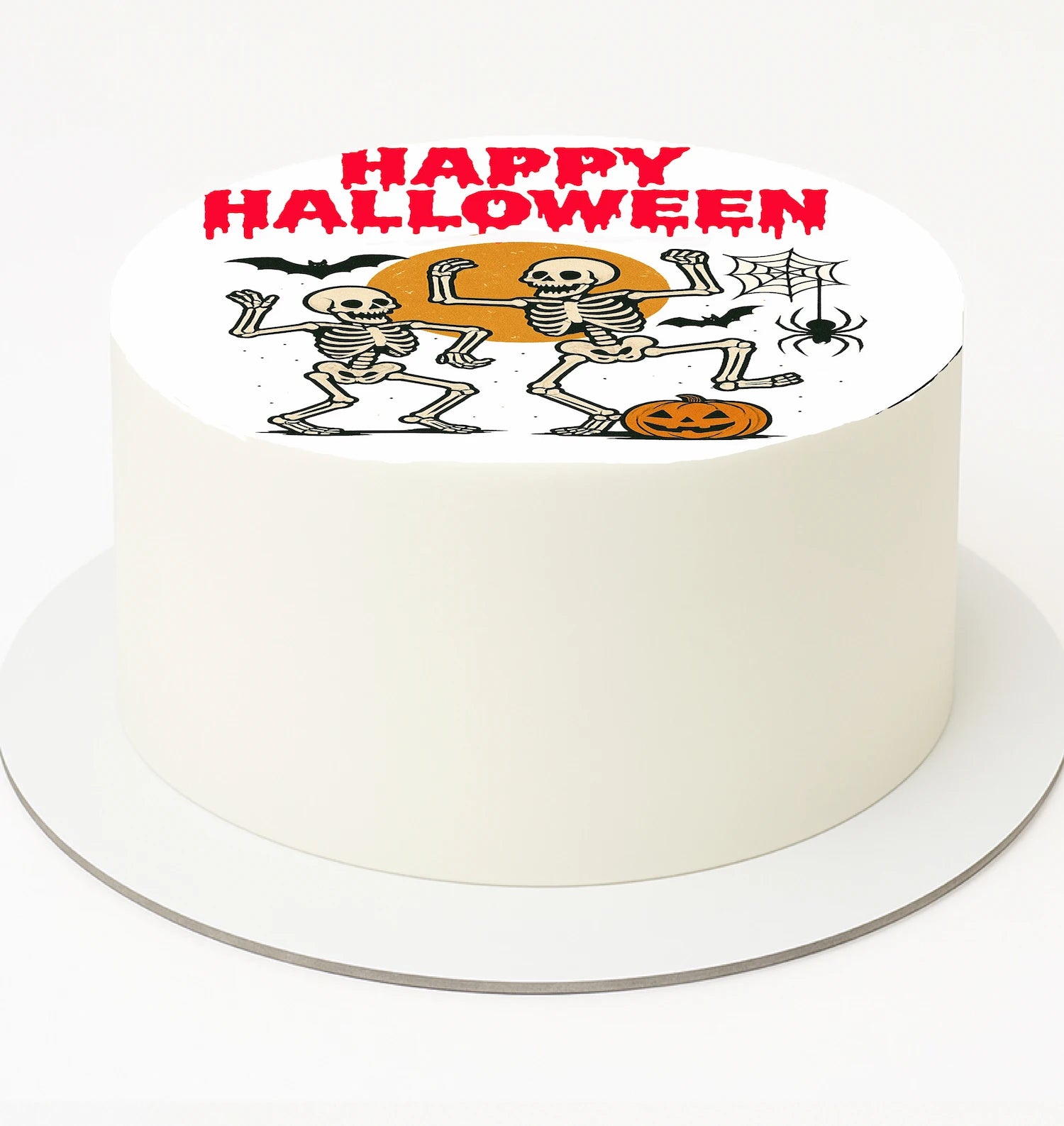 Halloween Dancing Skeleton Image Cake Topperthemed cake with skeletons and pumpkins.