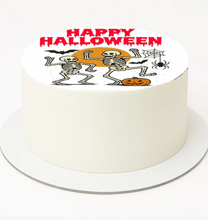 Halloween Dancing Skeleton Image Cake Topperthemed cake with skeletons and pumpkins.