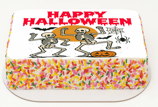 Halloween-themed Edible Image Topper with skeletons, pumpkins, and colorful sprinkles.