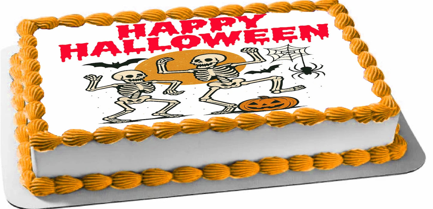 Halloween-themed Icing Images Topper with skeletons, pumpkins, and 'Happy Halloween' text.