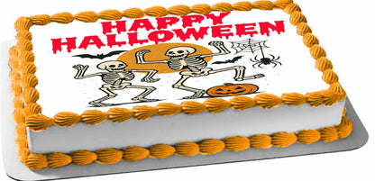 Halloween-themed Icing Images Topper with skeletons, pumpkins, and 'Happy Halloween' text.
