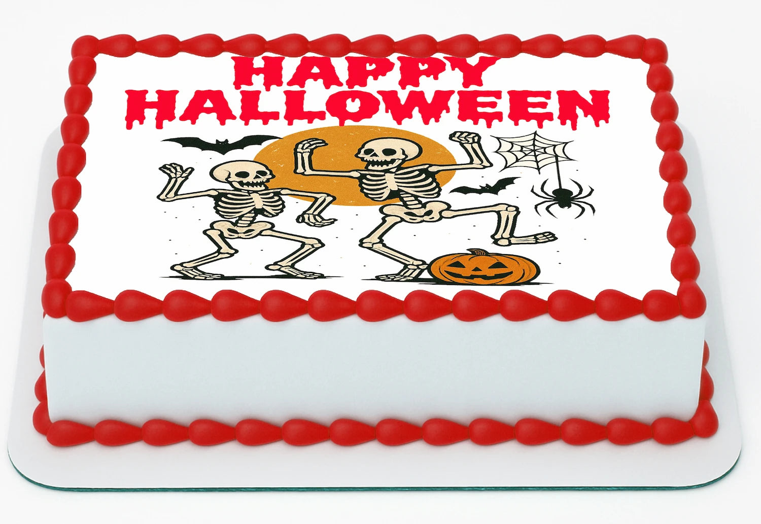 Halloween-themed Edibe Icing Image with skeletons, pumpkins, and spider webs.