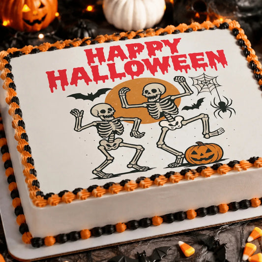 Halloween Edible Image Cake Topper – Dancing Skeletons Design – 1/4 Icing Sheet – RA Pape