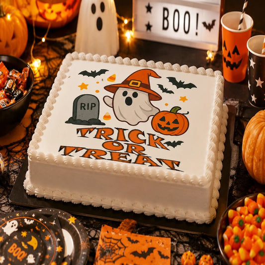 Halloween Edible Image Cake Topper – Ghostly Treats Design – 1/4 Icing Sheet – RA Pape