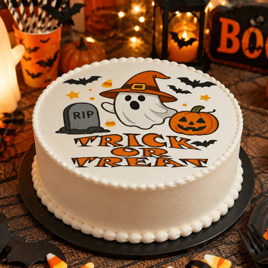 Halloween Edible Image Cake Topper – Ghostly Treats Design – Precut 8" Icing Sheet – RA Pape