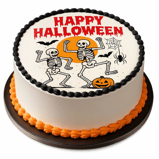 Halloween Edible Image Cake Topper – Dancing Skeletons Design – Precut 8" Icing Sheet – RA Pape