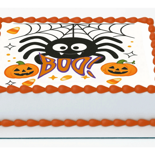 Halloween Edible Image Cake Topper – Spider Boo Design – 1/4 Icing Sheet – RA Pape