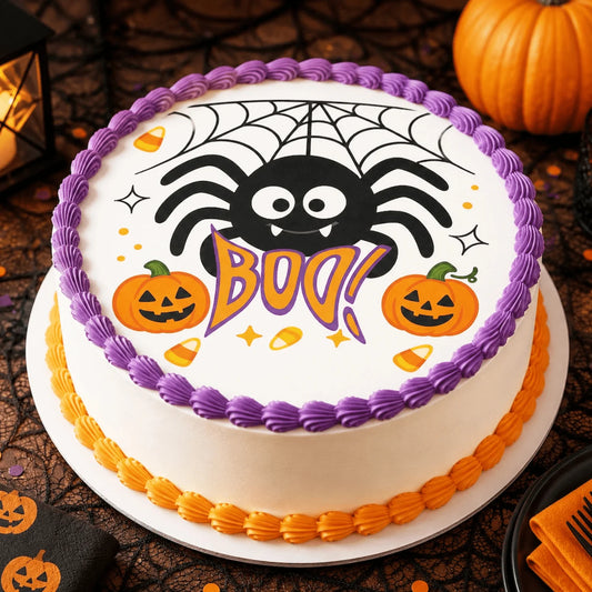 Halloween Edible Image Cake Topper – Spider Boo Design – Precut 8" Icing Sheet – RA Pape