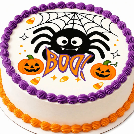 Halloween Edible Image Cake Topper – Spider Boo Design – Precut 8" Icing Sheet – RA Pape