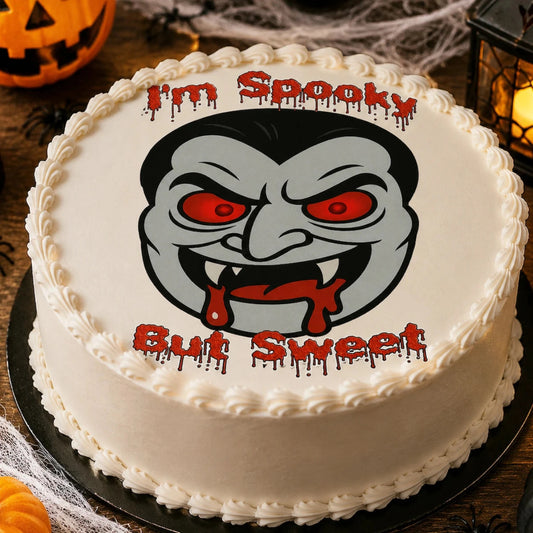 Halloween Edible Image Cake Topper – Vampire Spooky but Sweet Design – Precut 8" Icing Sheet – RA Pape