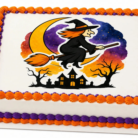 Halloween Edible Image Cake Topper – Witches Night Ride Design – 1/4 Icing Sheet – RA Pape