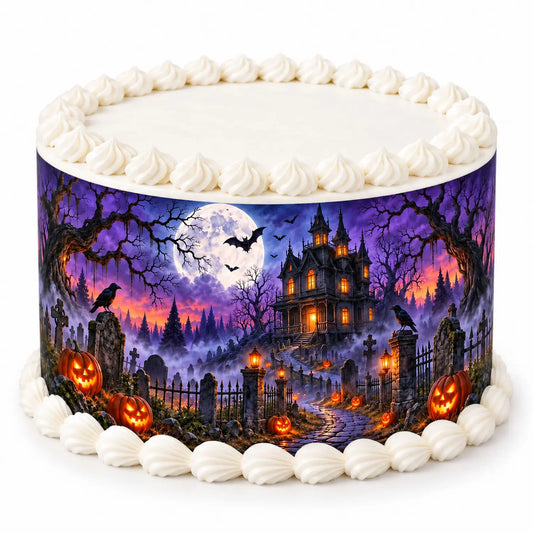 Halloween Edible Image Cake Wrap -Seamless Haunted House Icing Sheet - RA Pape