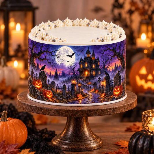 Halloween Edible Image Cake Wrap -Seamless Haunted House Icing Sheet - RA Pape Celebration