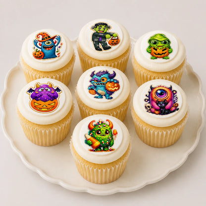 A tray full Halloween Edible Image Cookie & Cupcake Topper Little Monsters - 20- 2" Precut Icing Sheet- RA Pape