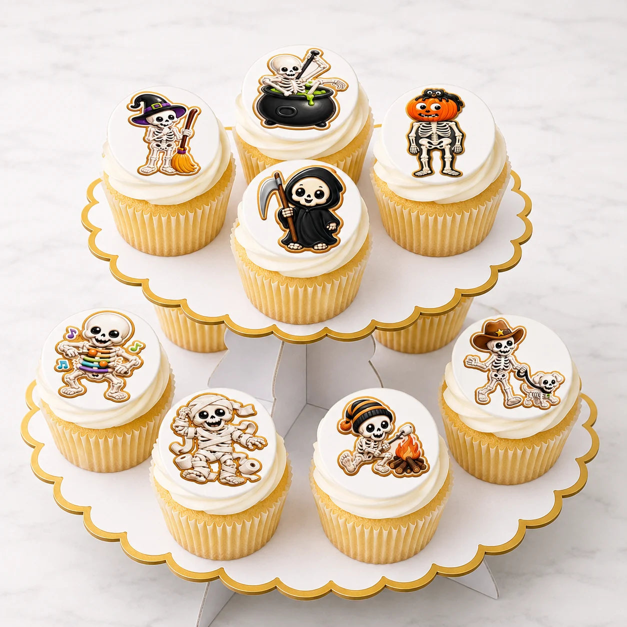Halloween Edible Image Cookie & Cupcake Topper Skeleton Crew - 20 Precut Icing Sheet- RA Pape Display tray