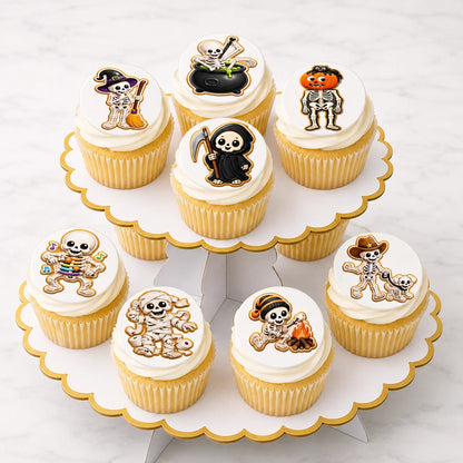 Halloween Edible Image Cookie & Cupcake Topper Skeleton Crew - 20 Precut Icing Sheet- RA Pape Display tray