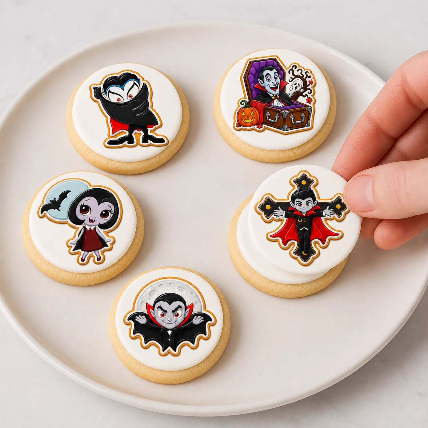 Easy to apply Halloween Edible Image Cookie & Cupcake Topper Vampires Night Out-20- 2" Precut Icing Sheet- RA Pape