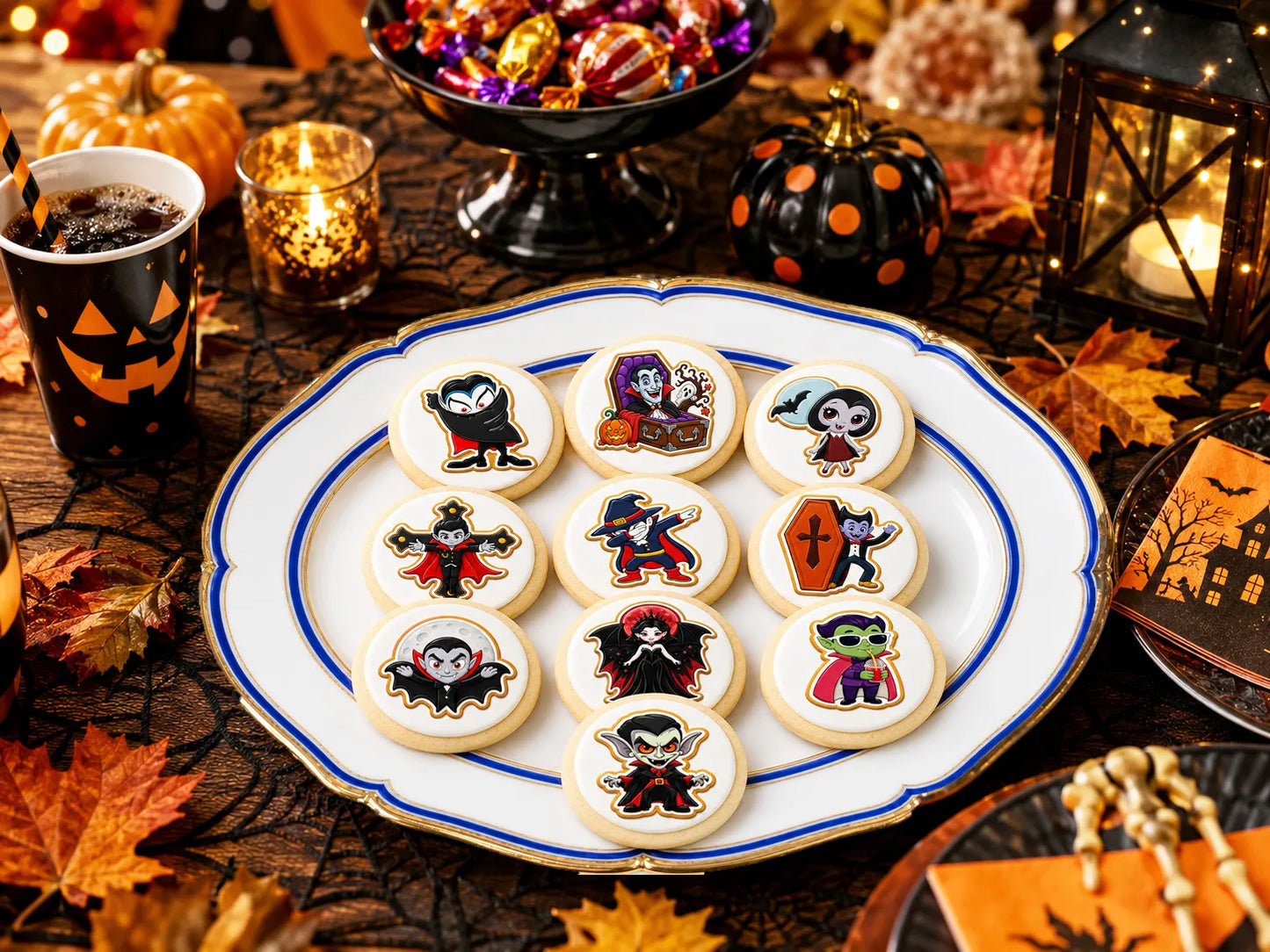 Party time Halloween Edible Image Cookie & Cupcake Topper Vampires Night Out-20- 2" Precut Icing Sheet- RA Pape