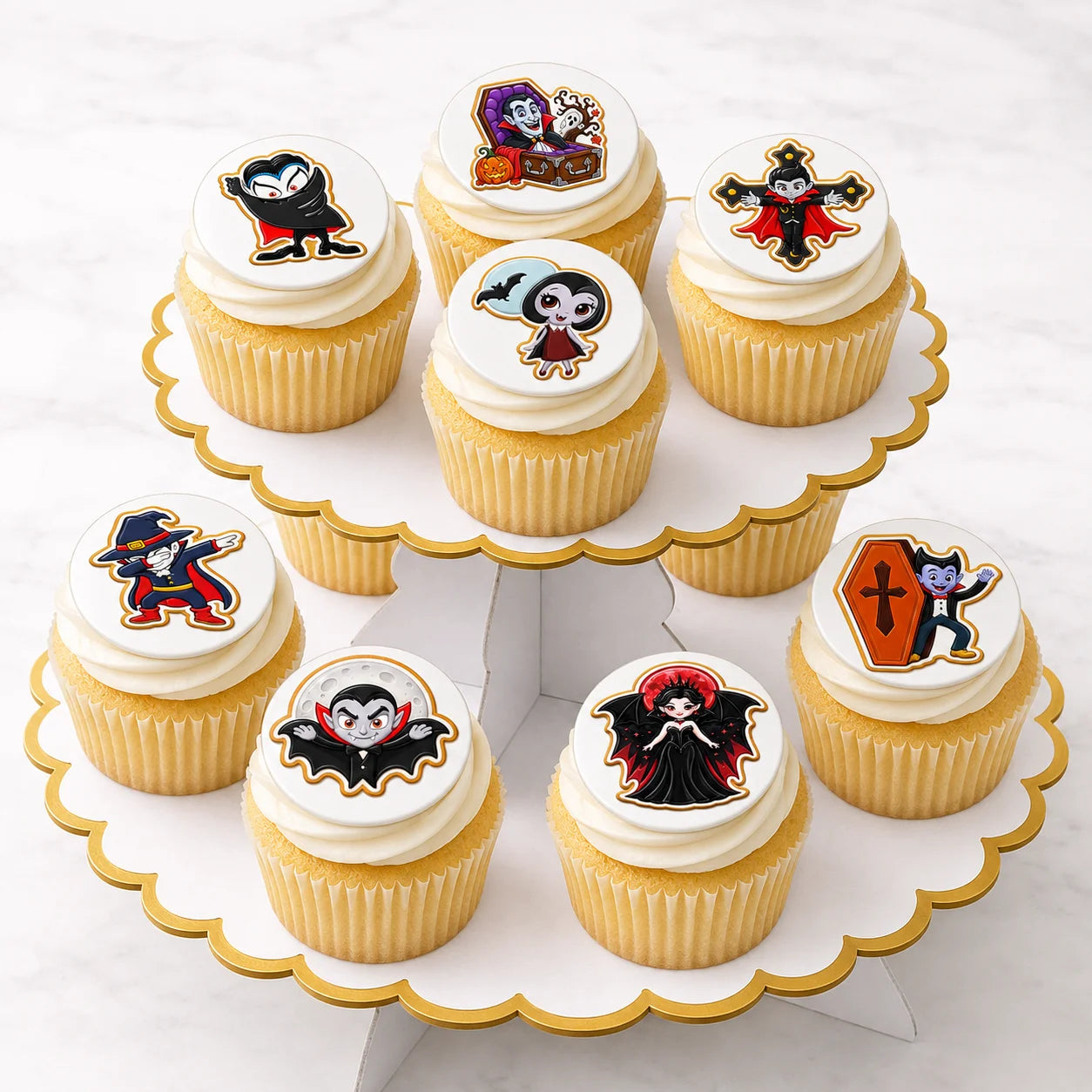 Halloween Edible Image Cupcake Topper Vampires Night Out-20- 2" Precut Icing Sheet- RA Pape Cupcake Display
