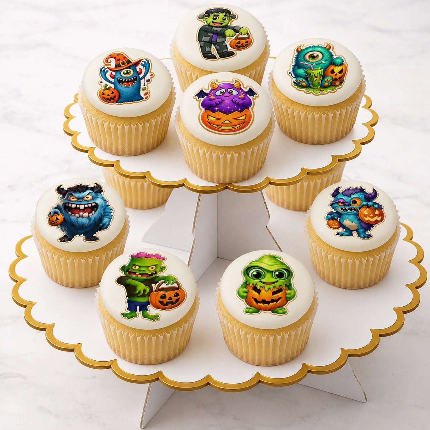 Halloween Edible Image Cookie & Cupcake Topper Little Monsters - 20- 2" Precut Icing Sheet- RA Pape Display tray