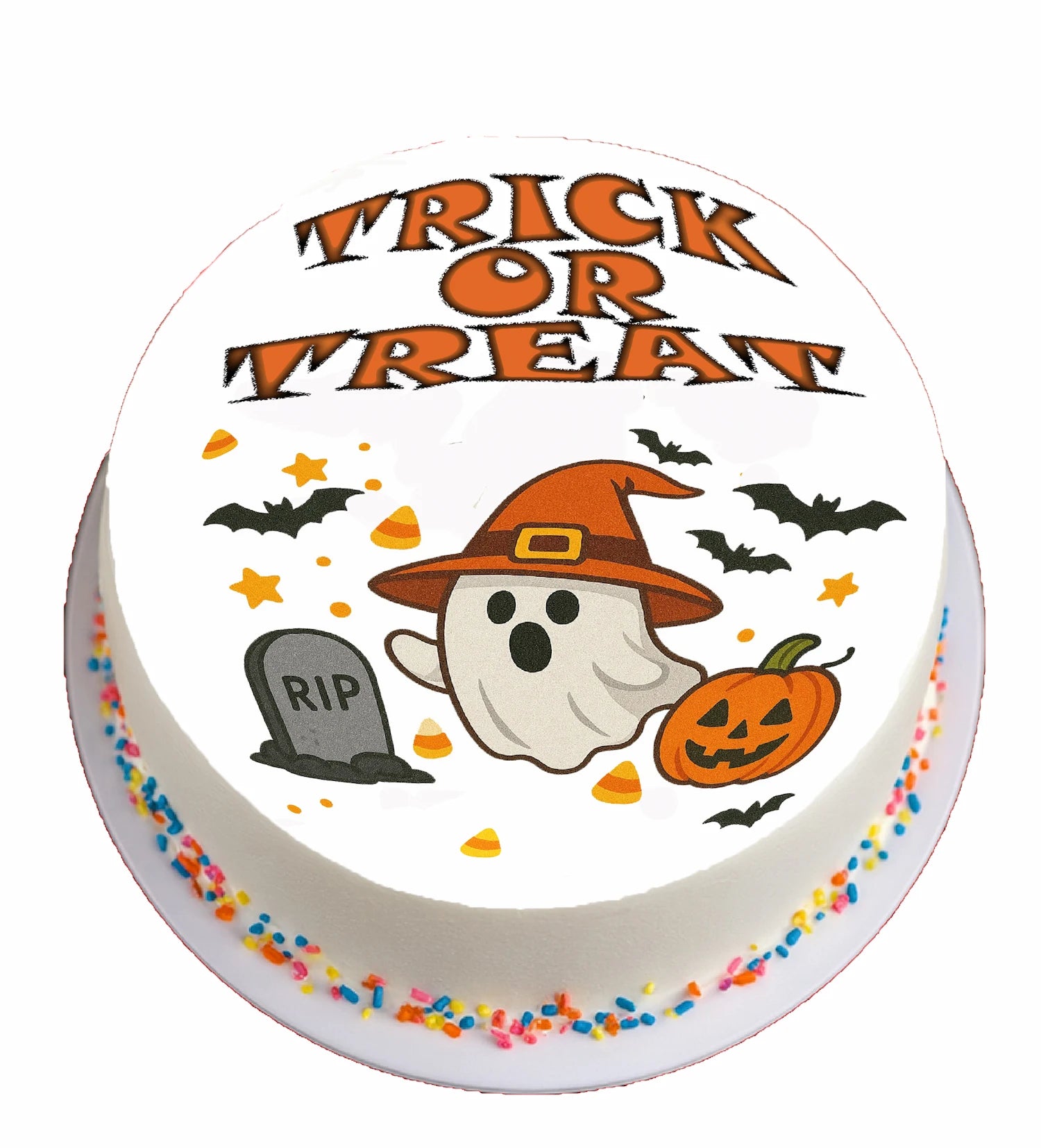 Halloween-themed cake topper with ghost, pumpkin, and 'Trick or Treat' text