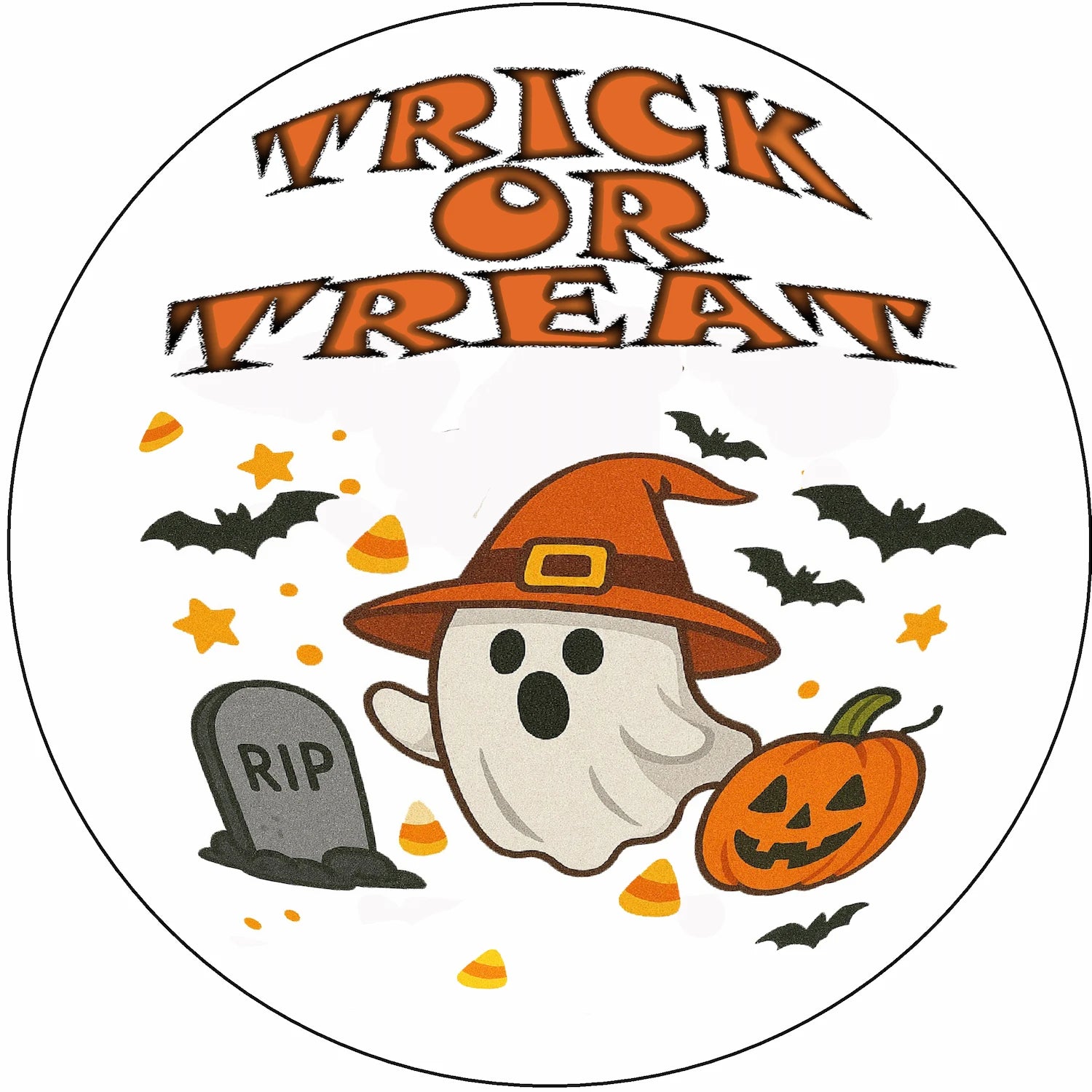 Halloween-themed edible image with ghost, pumpkin, and 'Trick or Treat' text.